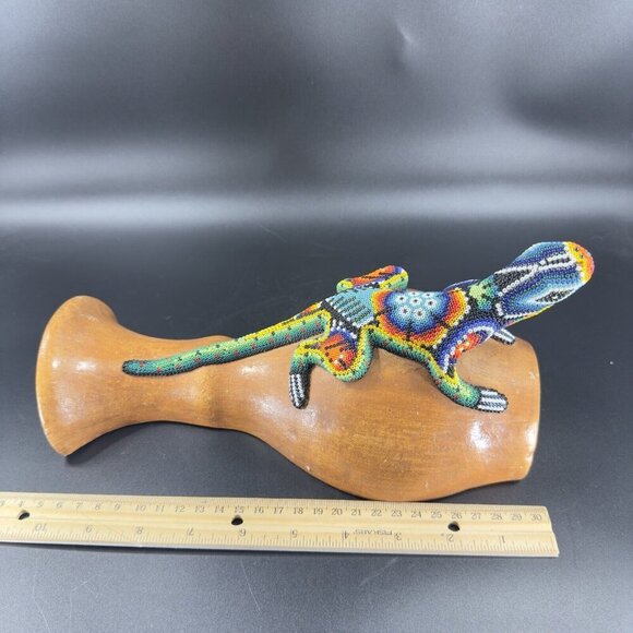 Mexican Folk Art Beaded Lizard On Pottery Wall Hanging Vase Vessel Alebrije VTG - Picture 6 of 15